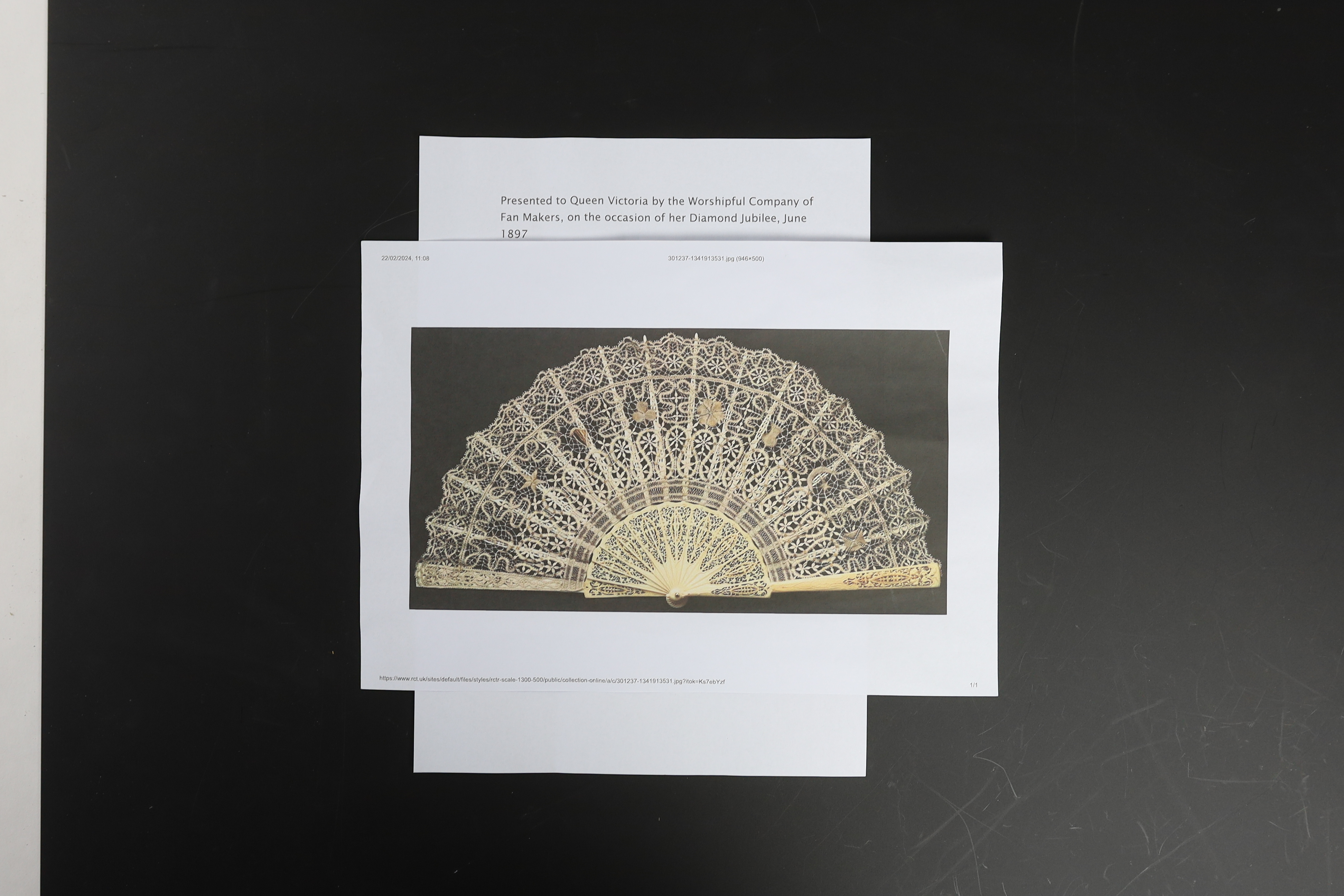 An unusual commemorative Carrickmacross lace fan, possibly one made and entered for a group of competitions held by the Worshipful Company of Fan Makers, the winning fan to be presented to Queen Victoria as a gift for he